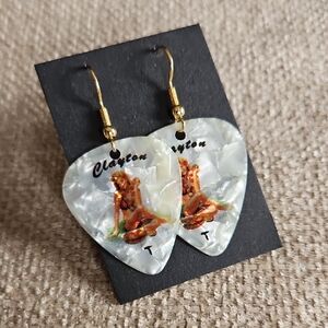 Clayton Brand White Pearlized Guitar Pick Earrings with Pinup Graphic
